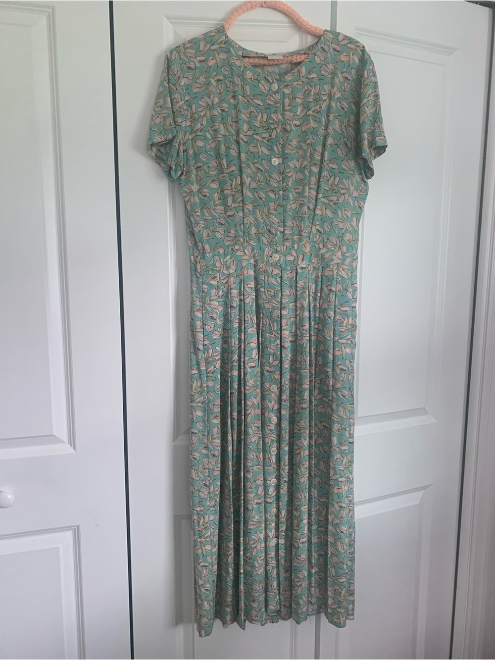 Vintage george Georgiou Mint Green Floral Short-Sleeve Maxi Dress with pockets